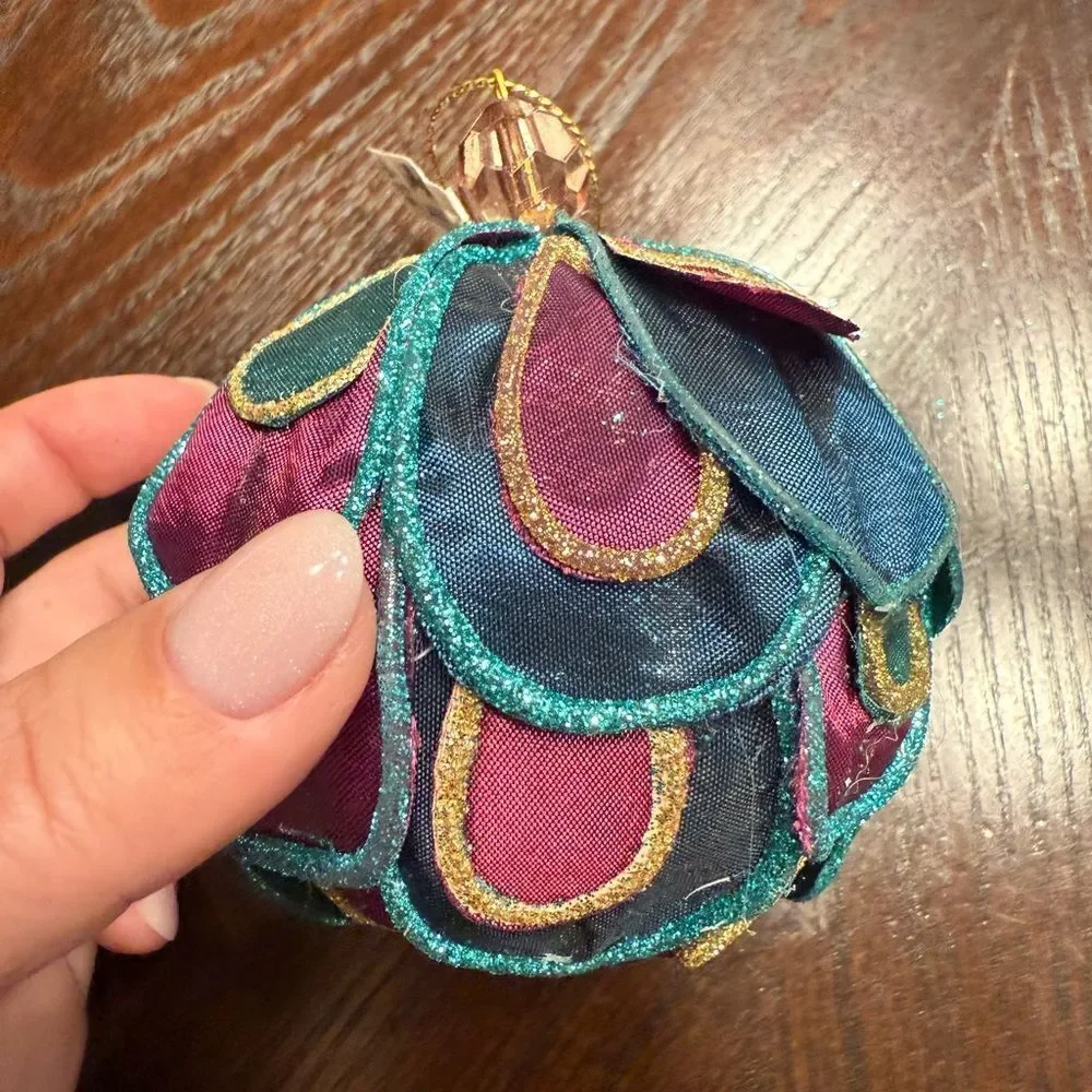 Vintage Pier One Peacock Fabric Glitter Christmas Tree Ornaments Decor Holiday